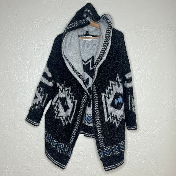 Anthropologie Nia Hooded Geometric Cardigan Gray White Blue Wool Blend S Petite - Picture 2 of 9